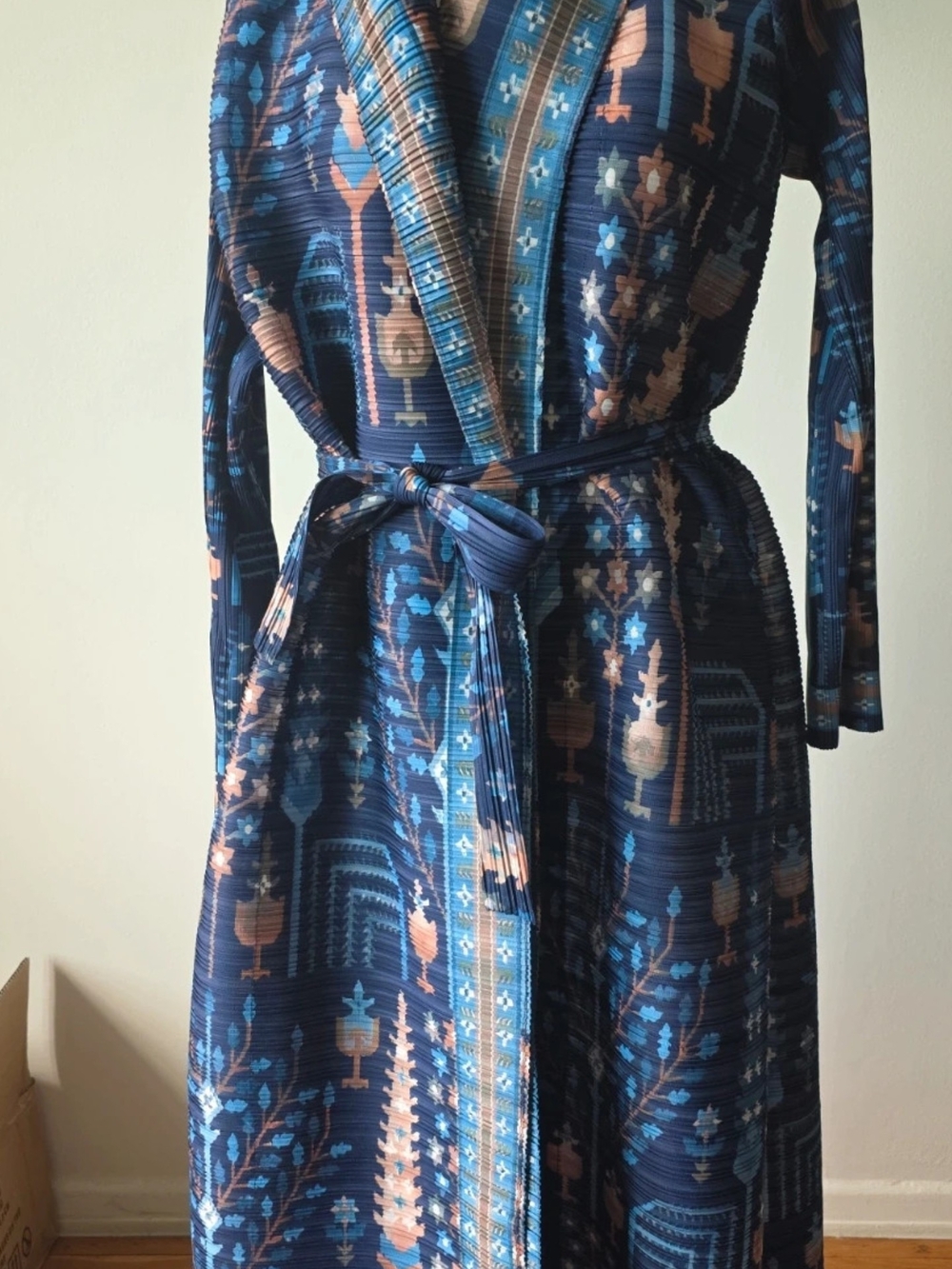 Blue Printed Wrap Robe with Peach Accents